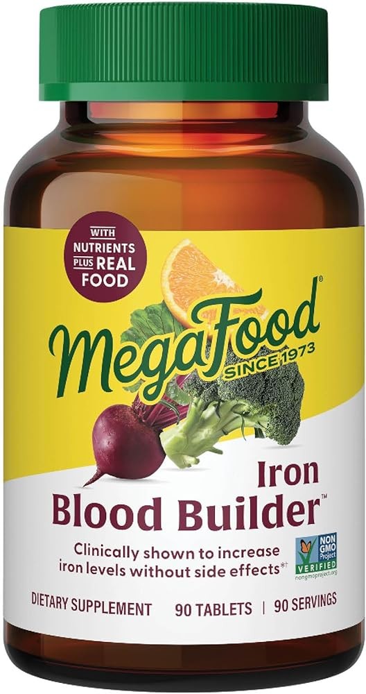 MegaFood Blood Builder Iron Supplement for Women & Men - Increase Iron Levels Without Side Effects - Combats Fatigue & Supports Energy Production - Non-GMO & Vegan, 90 Tablets (90 Servings)