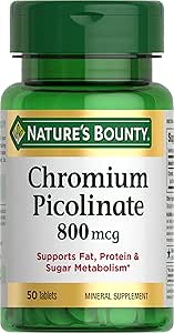 Nature's Bounty Chromium Picolinate, Supports Fat, Protein & Sugar Metabolism, Mineral Supplement, 800 mcg, 50 Tablets
