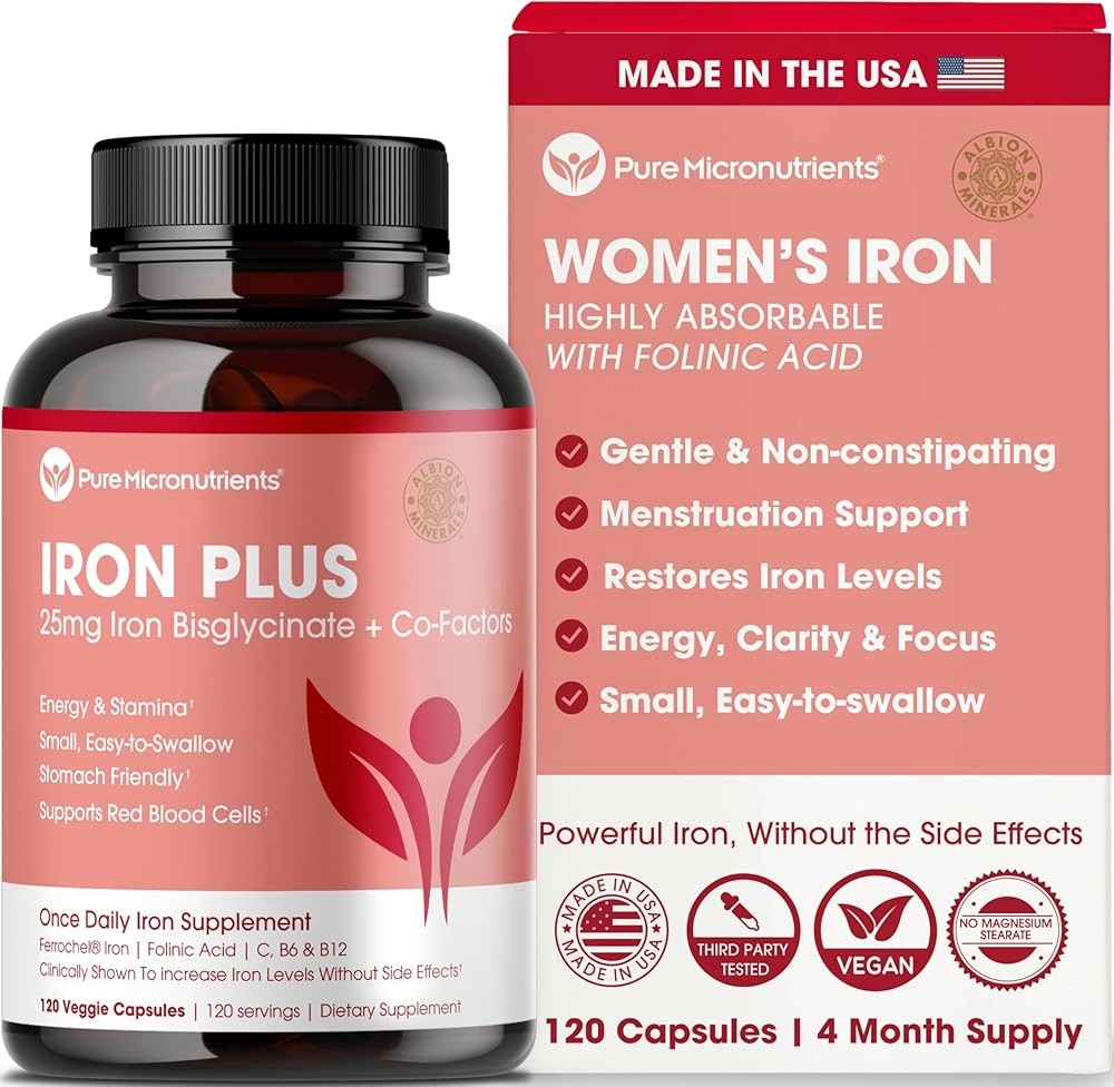 Iron Supplement for Women - Gentle Chelate Iron Bisglycinate 25mg with Vitamin C, B6, B12 Folic Acid – Supports Iron ...