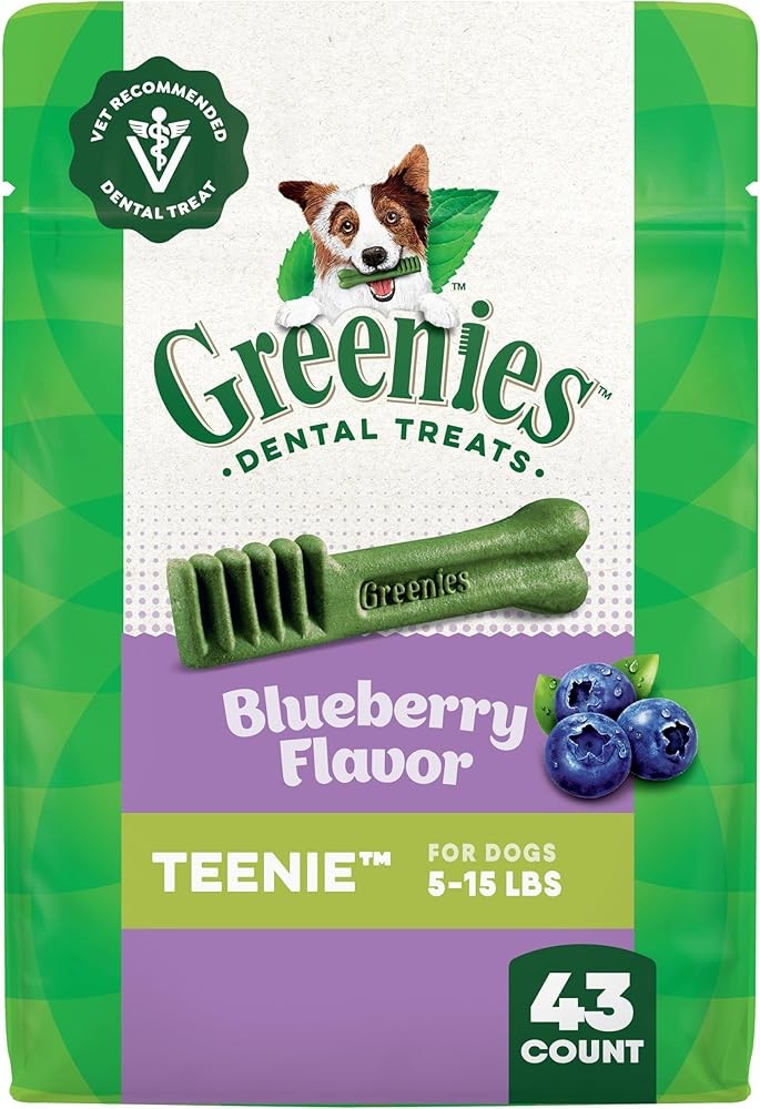 Greenies Dog Treats Veterinarian-Recommended Natural Dental Treats for Dogs, Teenie Size, Blueberry Flavor, 12 oz. Packs, 43 Count