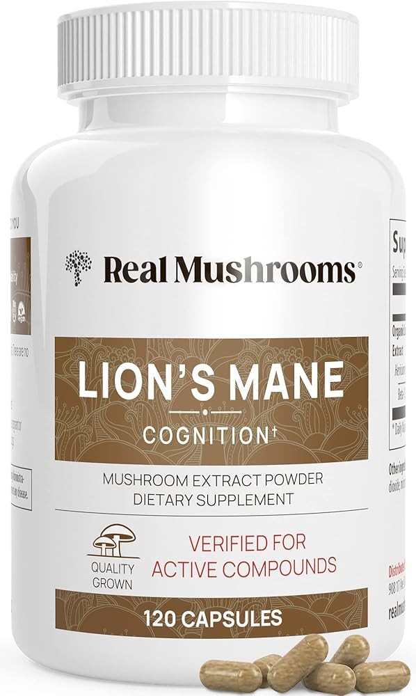 Real Mushrooms Lion's Mane Supplement Capsules - Organic Lions Mane Extract for Overall Wellbeing - Beta Glucan Supplements – Vegan 300 ct Mushroom Extract