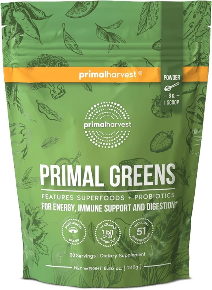 Primal Harvest Super Greens Powder, 30 Servings w/+50 Greens Superfood Chlorella, Probiotics, Green Tea, Wheatgrass, ...