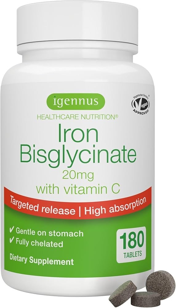 Igennus Clean Iron Bisglycinate 20mg, Vitamin C, 6 Month Supply, Gentle Chelated High Absorption Formula & Targeted R...