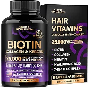 NUTRAHARMONY Biotin | Collagen | Hyaluronic Acid | Keratin - Support Normal Hair Growth Cycle - Skin & Nails - 25000m...