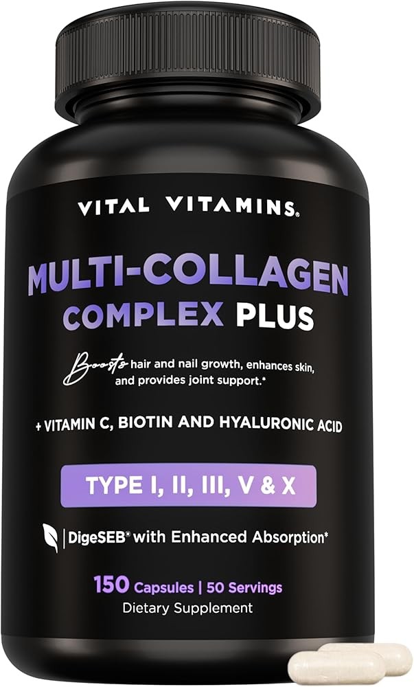Vital Vitamins Multi Collagen Capsules with Biotin, Hyaluronic Acid, Vitamin C - Type I, II, III, V, X Peptides - Col...