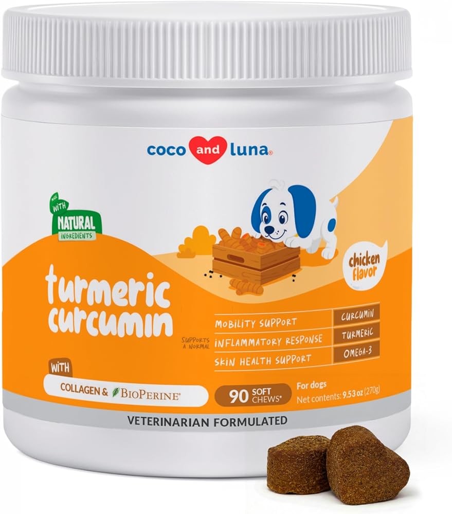 Turmeric Curcumin for Dogs - 90 Soft Chews with Collagen, BioPerine and Fish Oil