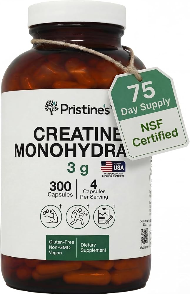 PRISTINE'S Creatine Monohydrate Capsules for Women & Men - NSF Certified 75 Day Supply 3G Muscle Growth Support Supplement - Cognitive & Athletic Performance Support - Enhanced Recovery