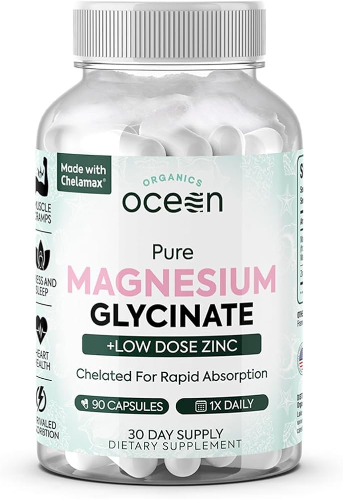Organics Ocean Pure Magnesium Glycinate with Zinc - Maximum Strength Chelated Magnesium Supplement for Women and Men ...