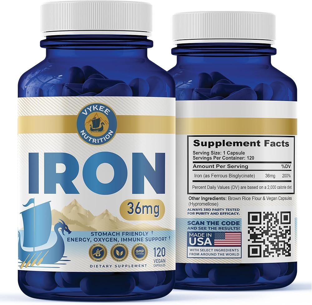 Vykee Nutrition Iron Supplement - 36mg Iron (as Bisglycinate) - High Absorption, Gentle On Stomachs